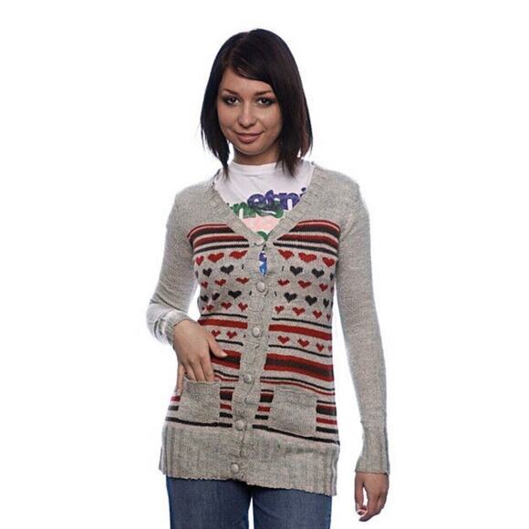 Free People Heart Cardigan Knit Sweater Extra Small White Cream Ivory Red Black - Picture 1 of 8